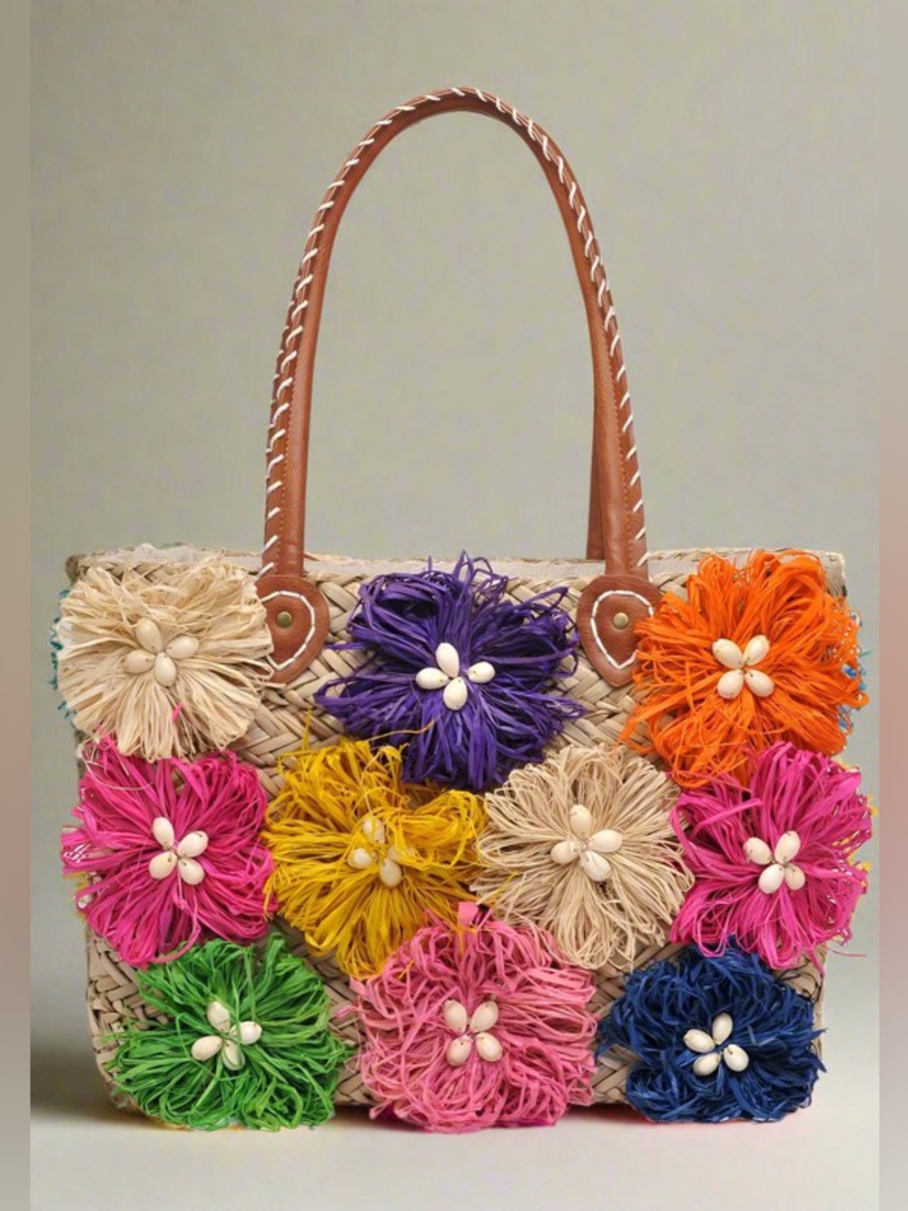 QUEENIE STRAW FLOWER TOTE BAG